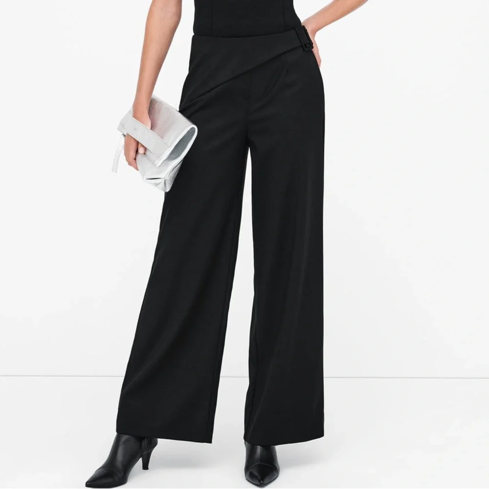 Marcella Black Straight Wide Leg Asymmetrical Waist Panel Jordan Pants Trousers - Picture 1 of 14